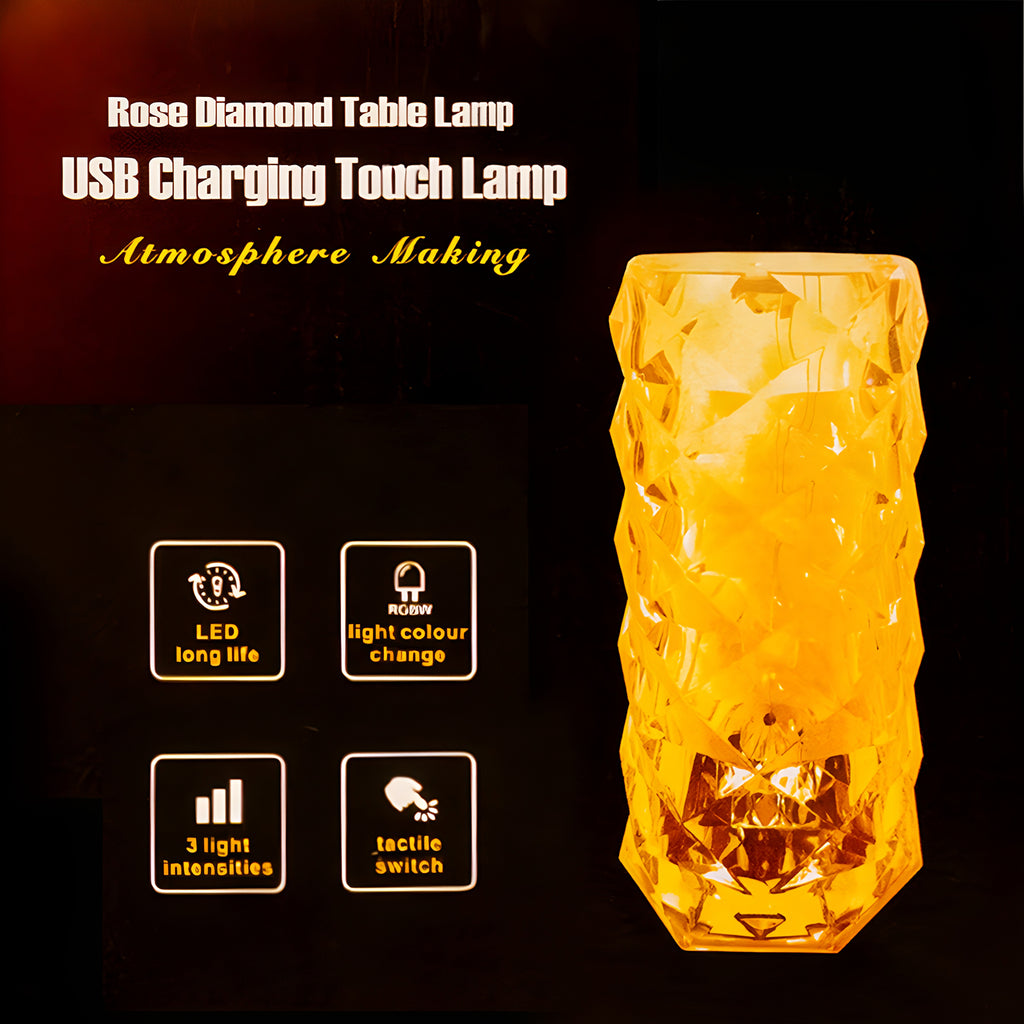 Rose Diamond Table Lamp with Remote Control - USB Charging Touch Lamp | 16 RGB Colors & 3 Brightness Levels | Romantic Crystal Night Light for Gifting & Home Decor