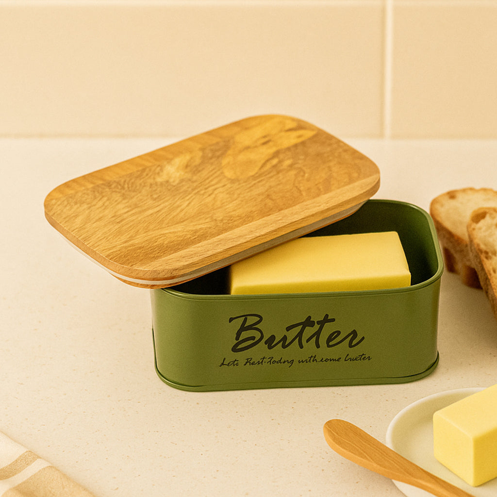 Butter Dish With Airtight Wooden Lid (Green) For Kitchen 1