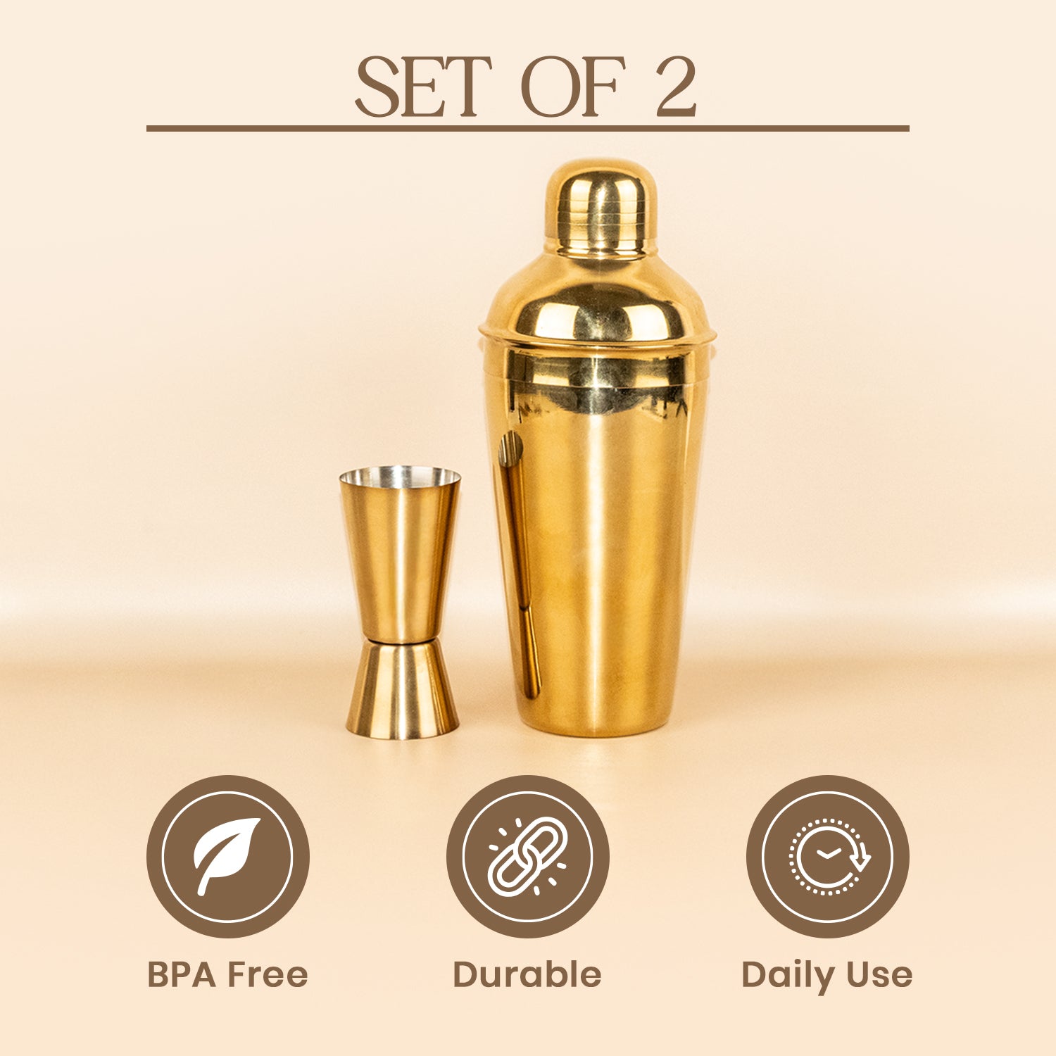 Stainless Steel Cocktail Shaker & Peg Measurer Set of 2 – Gold Finish Bar Tool Set for Home & Professional Bar