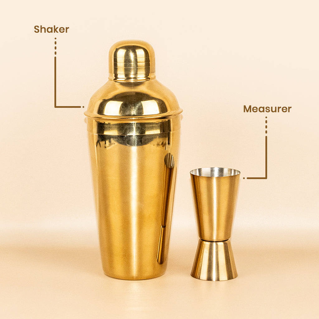 Stainless Steel Cocktail Shaker & Peg Measurer Set of 2 – Gold Finish Bar Tool Set for Home & Professional Bar