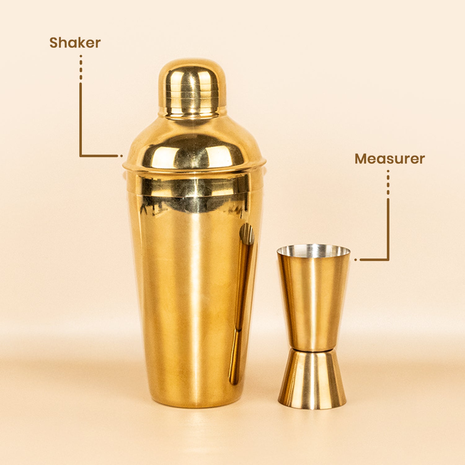 Stainless Steel Cocktail Shaker & Peg Measurer Set of 2 – Gold Finish Bar Tool Set for Home & Professional Bar