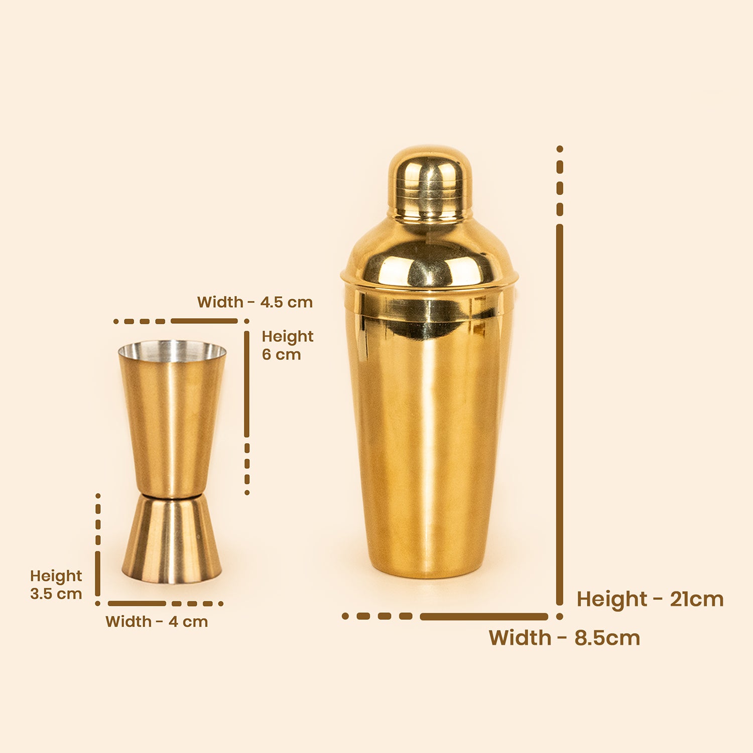 Stainless Steel Cocktail Shaker & Peg Measurer Set of 2 – Gold Finish Bar Tool Set for Home & Professional Bar
