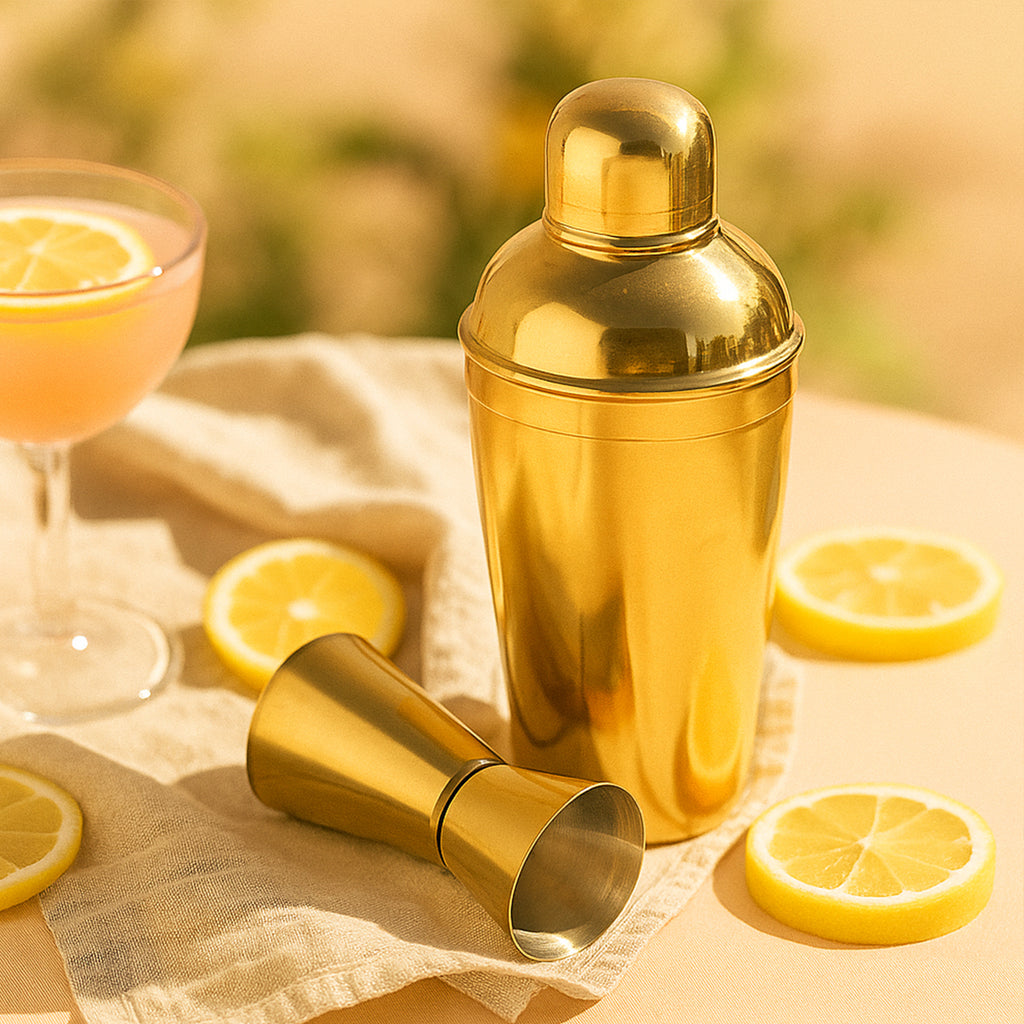 Stainless Steel Cocktail Shaker & Peg Measurer Set of 2 – Gold Finish Bar Tool Set for Home & Professional Bar