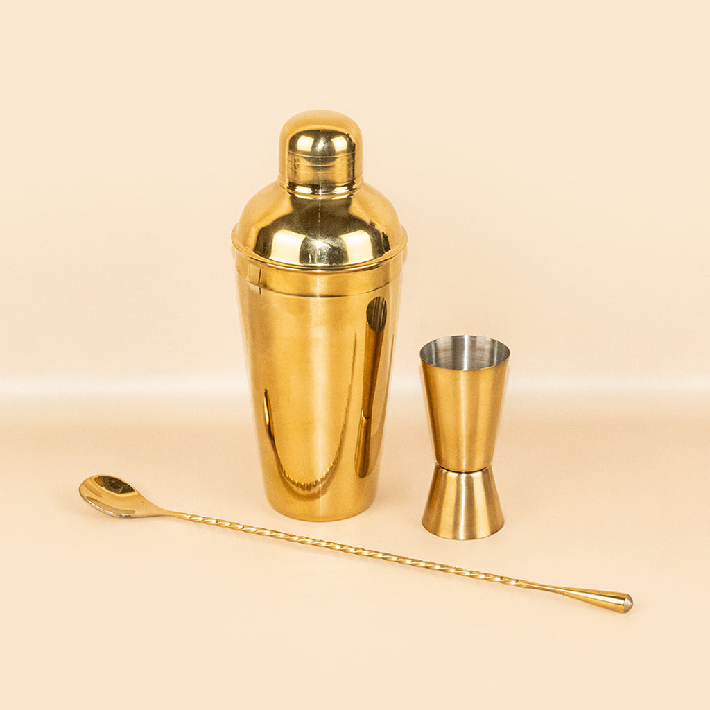 Professional Gold Mixology Kit - 3 Piece Stainless Steel Bar Tool Set with Long Bar Spoon and Measurer - Sleek Home Bar Accessories
