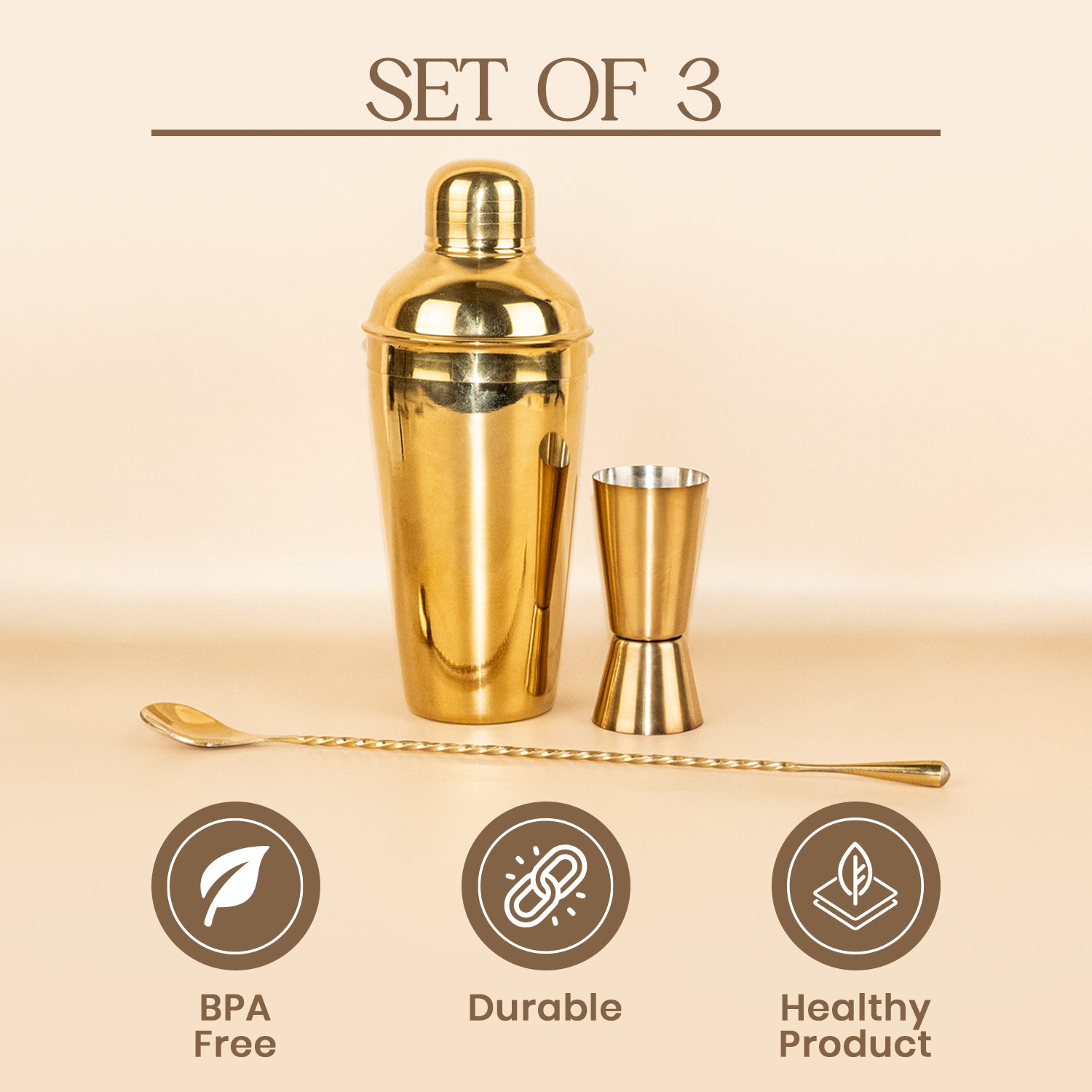 Professional Gold Mixology Kit - 3 Piece Stainless Steel Bar Tool Set with Long Bar Spoon and Measurer - Sleek Home Bar Accessories
