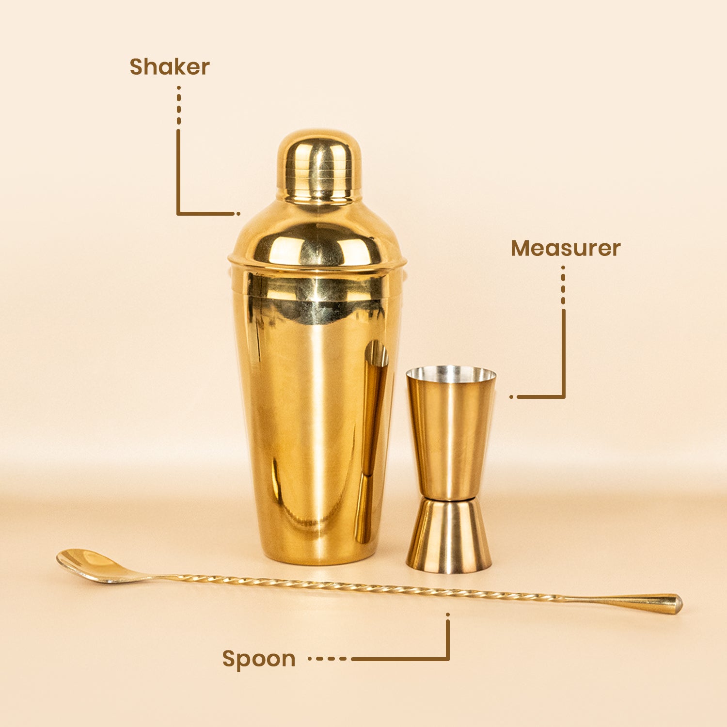 Professional Gold Mixology Kit - 3 Piece Stainless Steel Bar Tool Set with Long Bar Spoon and Measurer - Sleek Home Bar Accessories