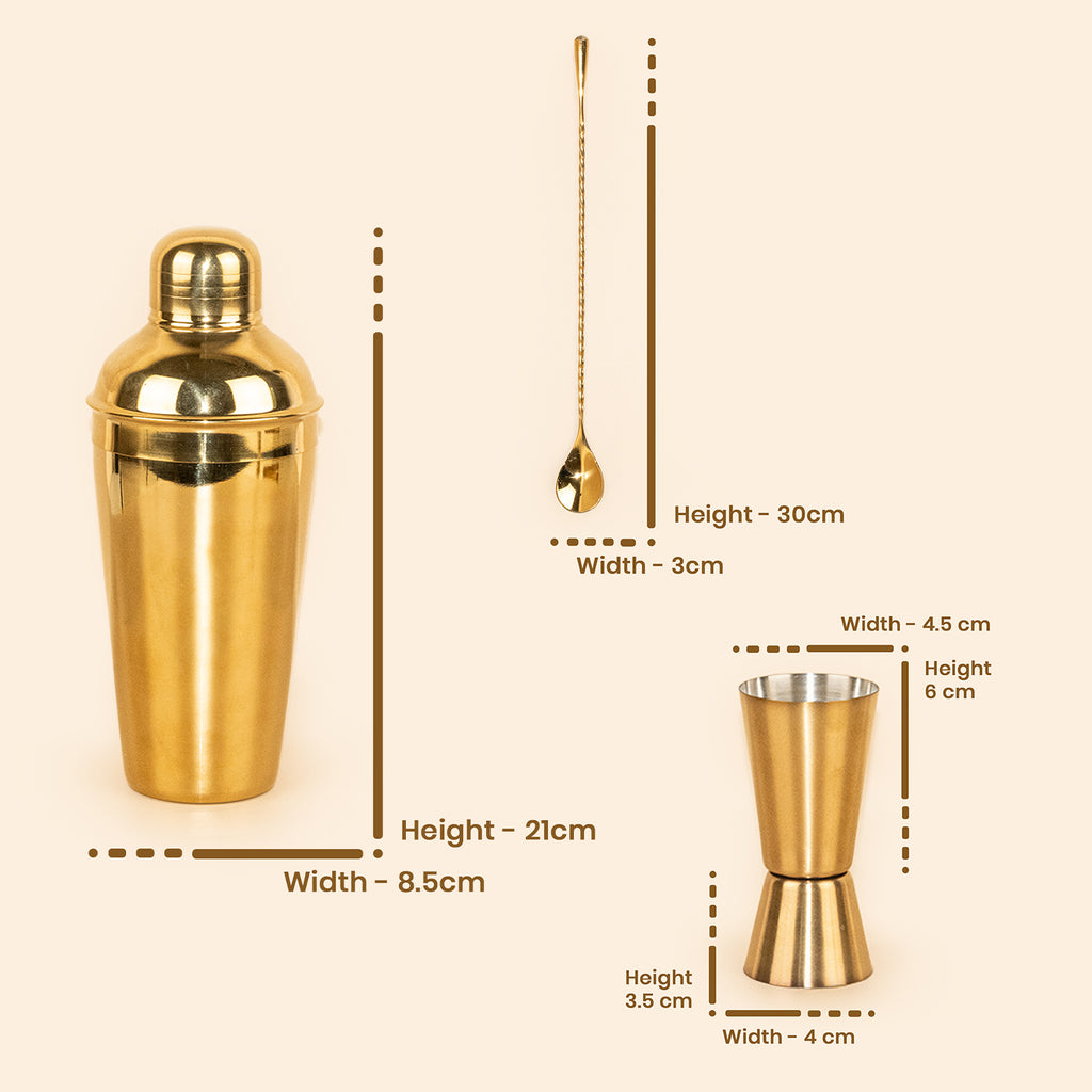 Professional Gold Mixology Kit - 3 Piece Stainless Steel Bar Tool Set with Long Bar Spoon and Measurer - Sleek Home Bar Accessories
