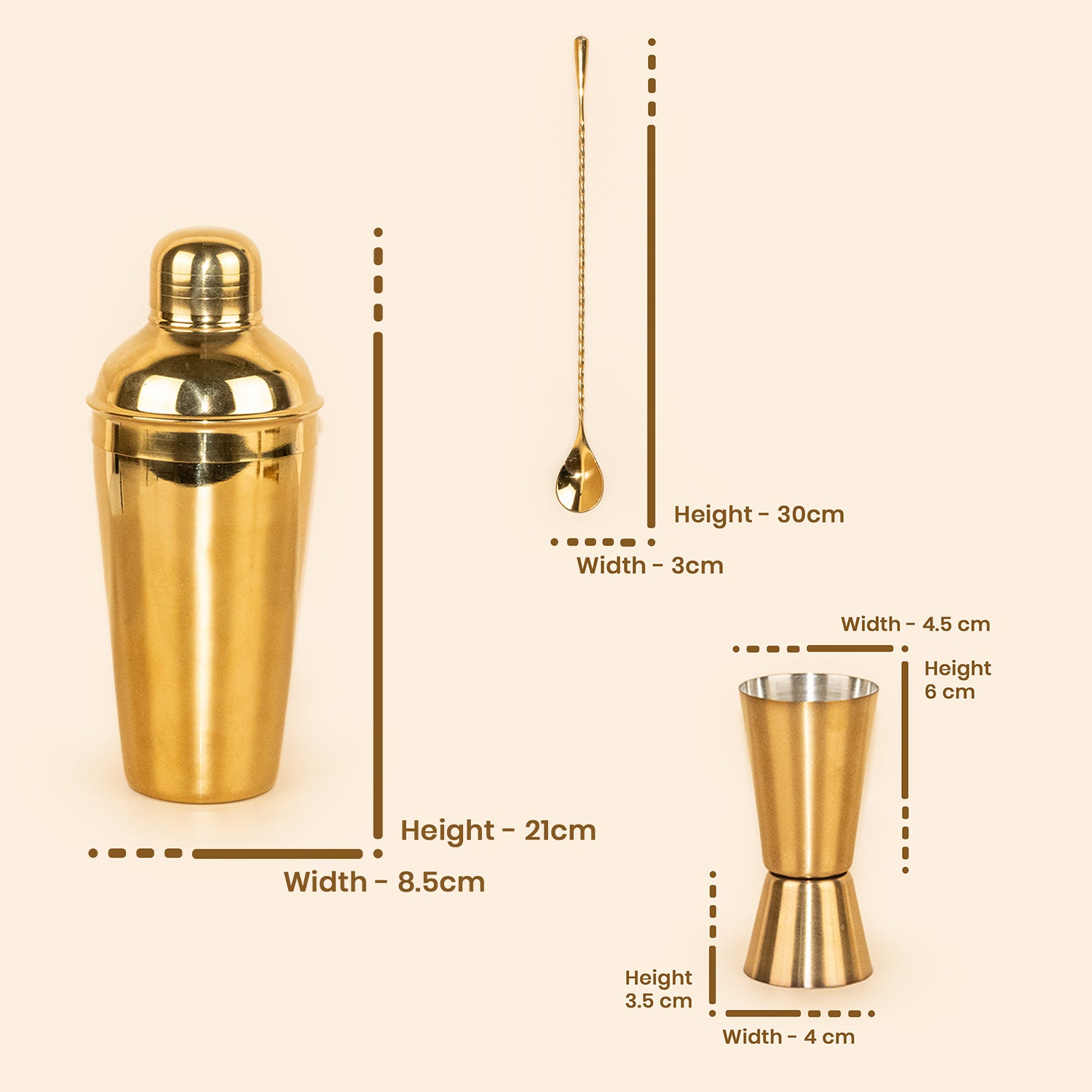 Professional Gold Mixology Kit - 3 Piece Stainless Steel Bar Tool Set with Long Bar Spoon and Measurer - Sleek Home Bar Accessories