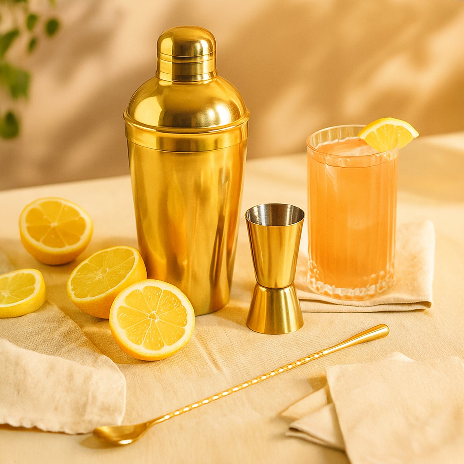 Professional Gold Mixology Kit - 3 Piece Stainless Steel Bar Tool Set with Long Bar Spoon and Measurer - Sleek Home Bar Accessories