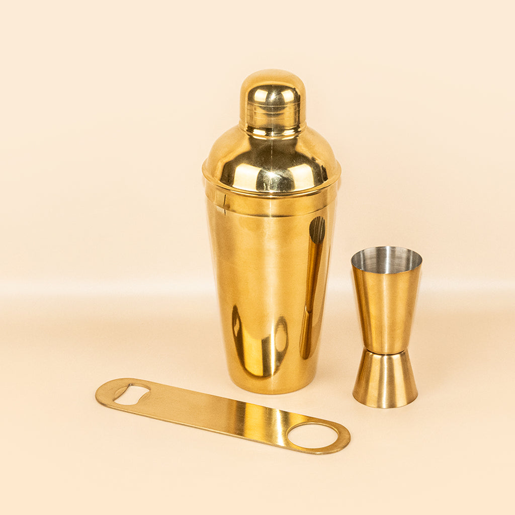 Premium 3-Piece Gold Cocktail Shaker Set - Stainless Steel Bar Tool Kit with Shaker, Double Measurer, and Flat Bottle Opener