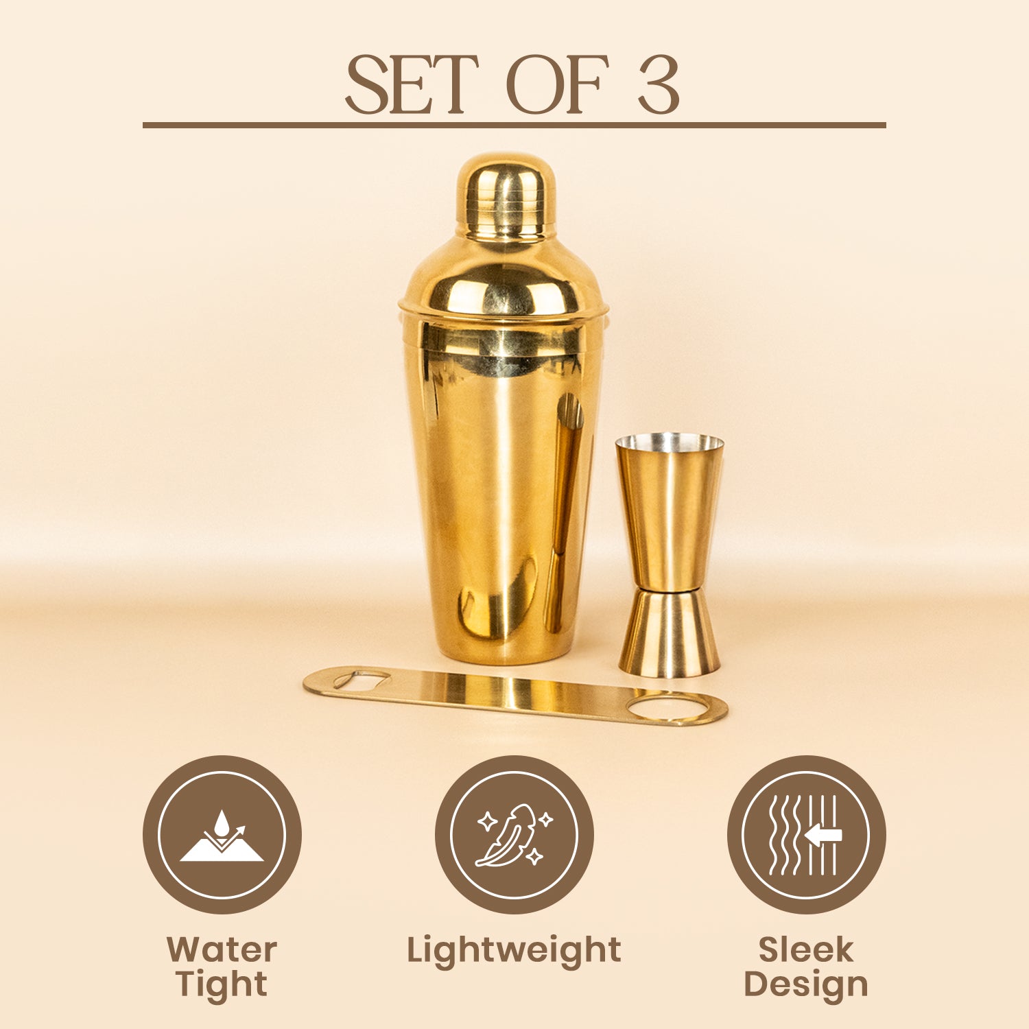 Premium 3-Piece Gold Cocktail Shaker Set - Stainless Steel Bar Tool Kit with Shaker, Double Measurer, and Flat Bottle Opener