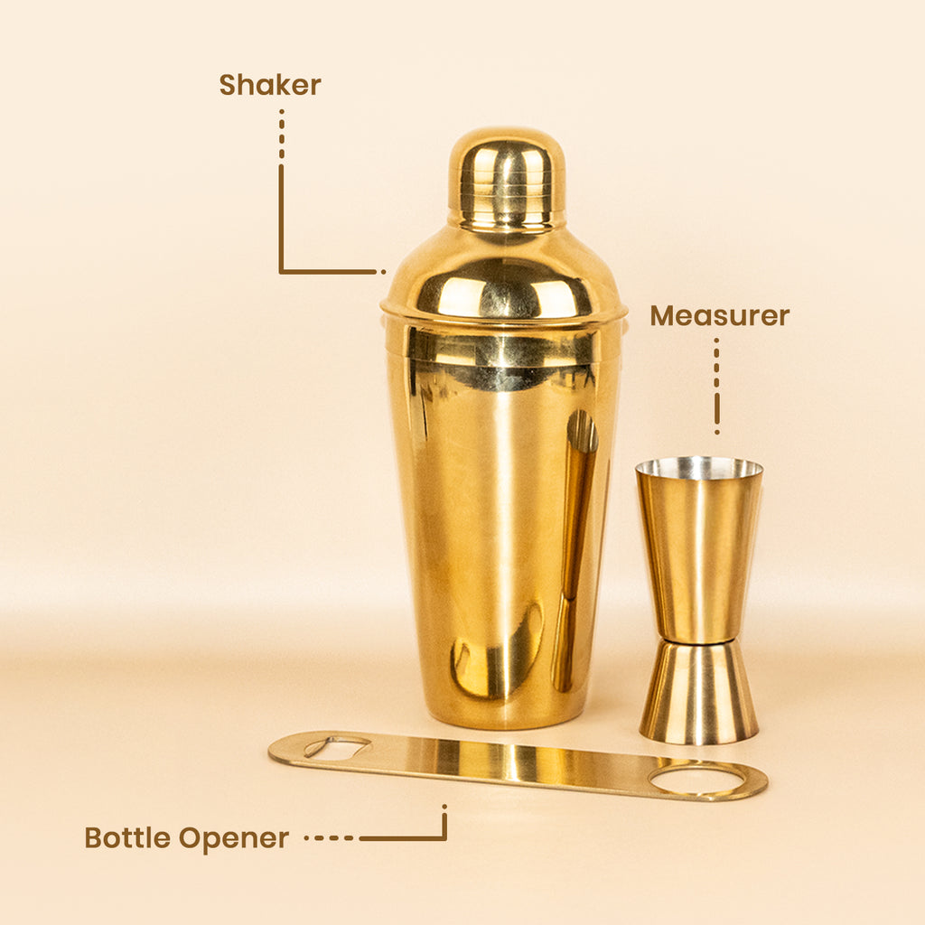 Premium 3-Piece Gold Cocktail Shaker Set - Stainless Steel Bar Tool Kit with Shaker, Double Measurer, and Flat Bottle Opener