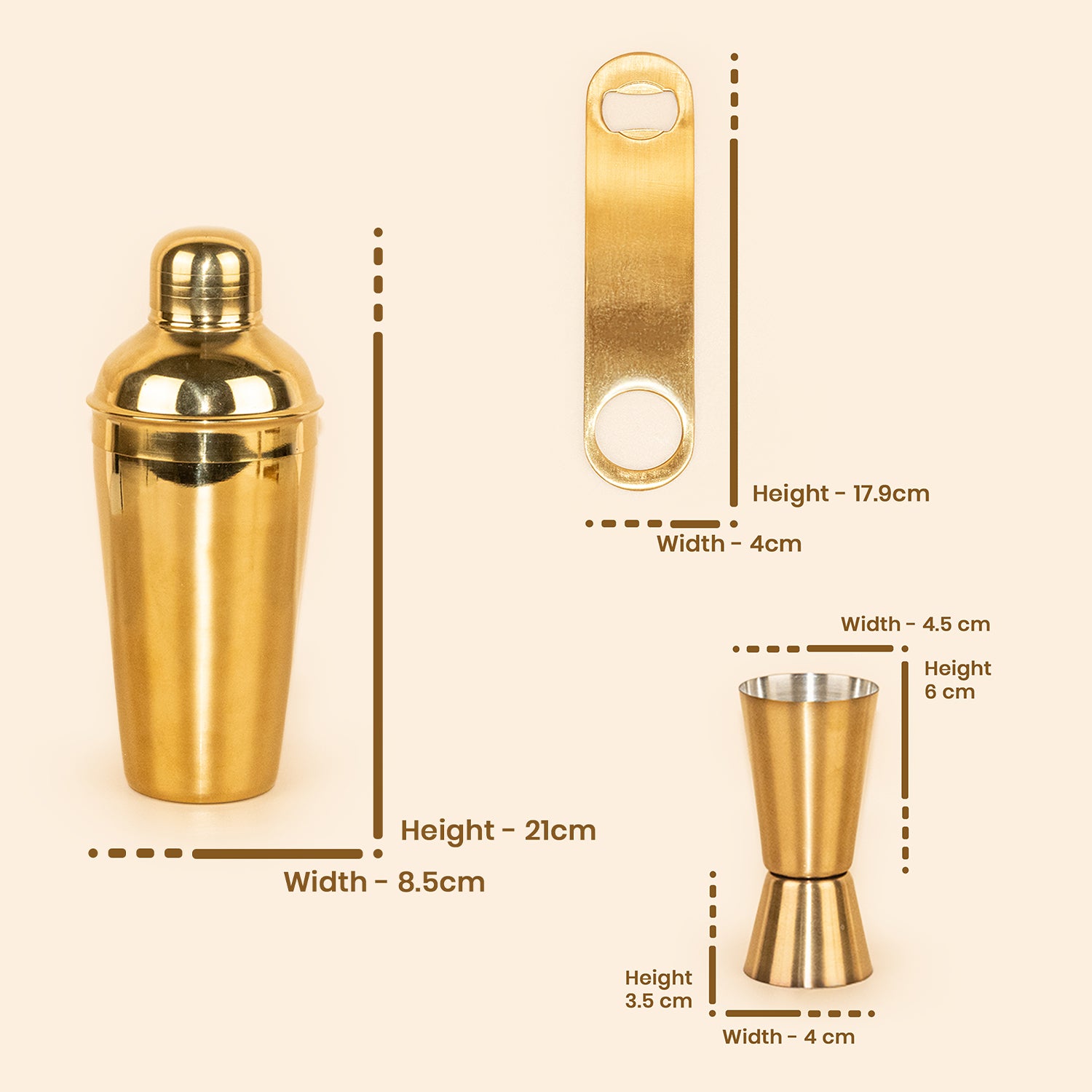 Premium 3-Piece Gold Cocktail Shaker Set - Stainless Steel Bar Tool Kit with Shaker, Double Measurer, and Flat Bottle Opener