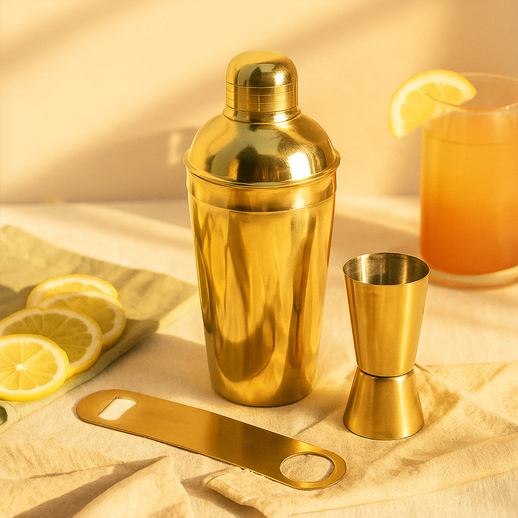 Premium 3-Piece Gold Cocktail Shaker Set - Stainless Steel Bar Tool Kit with Shaker, Double Measurer, and Flat Bottle Opener