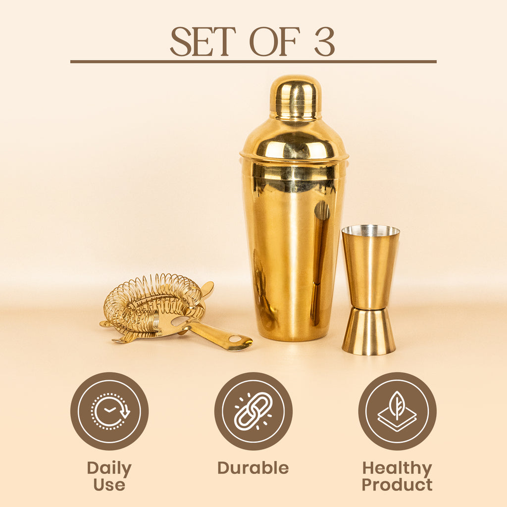 Premium 3-Piece Gold Cocktail Shaker Set – Includes Hawthorne Strainer & Double Jigger 3