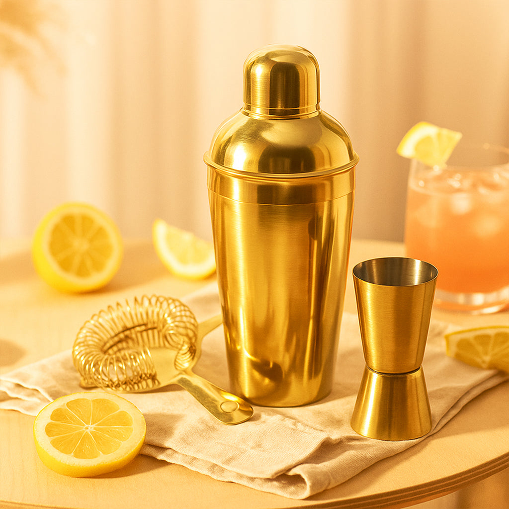 Premium 3-Piece Gold Cocktail Shaker Set – Includes Hawthorne Strainer & Double Jigger 1