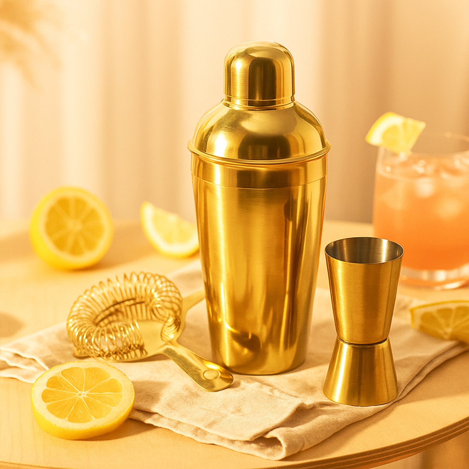 Premium 3-Piece Gold Cocktail Shaker Set – Includes Hawthorne Strainer & Double Jigger 1