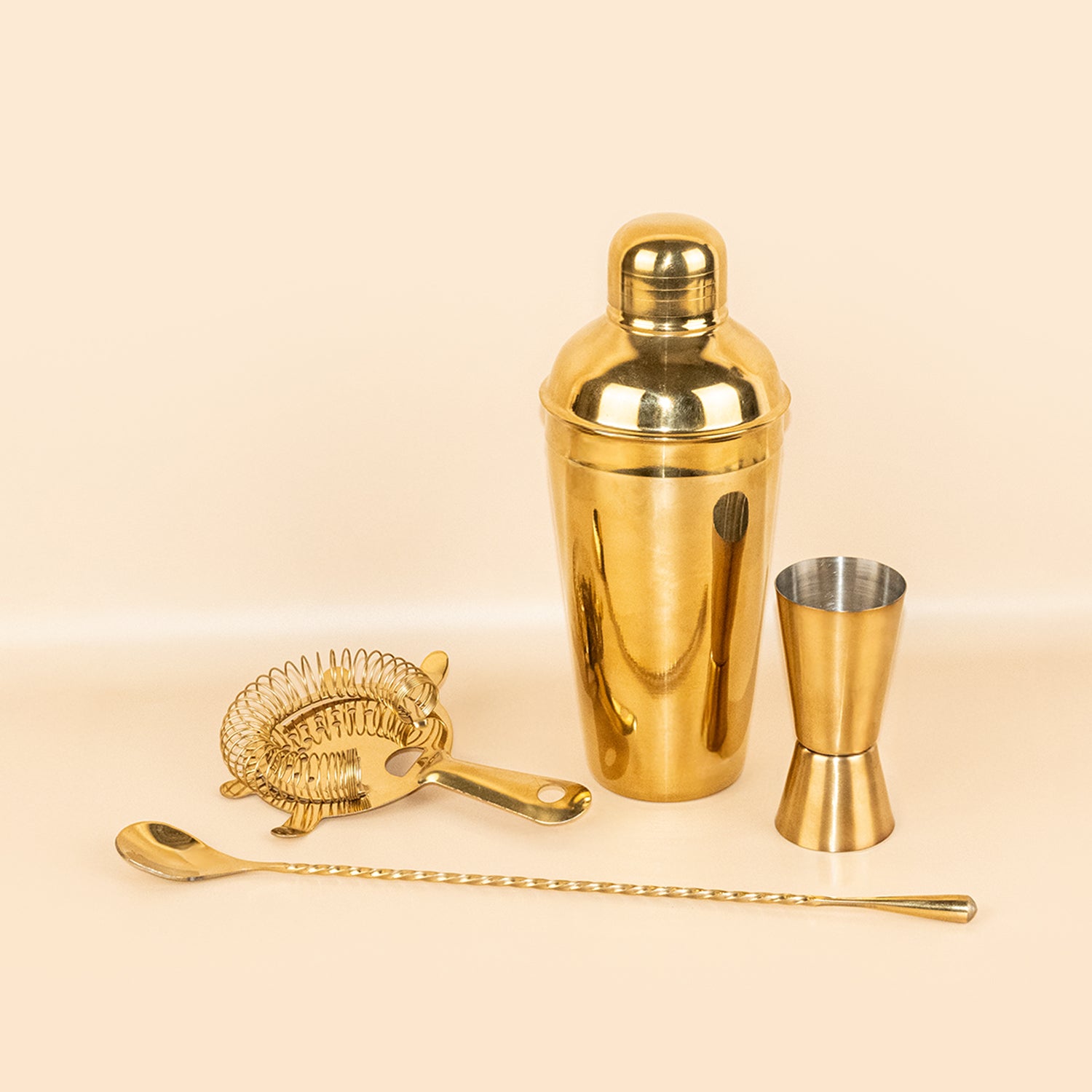 Premium 4-Piece Gold Cocktail Shaker Set - Includes Shaker, Measurer, Prong Strainer, and Bar Spoon - Professional Bar Tool Set for Home Mixology 2