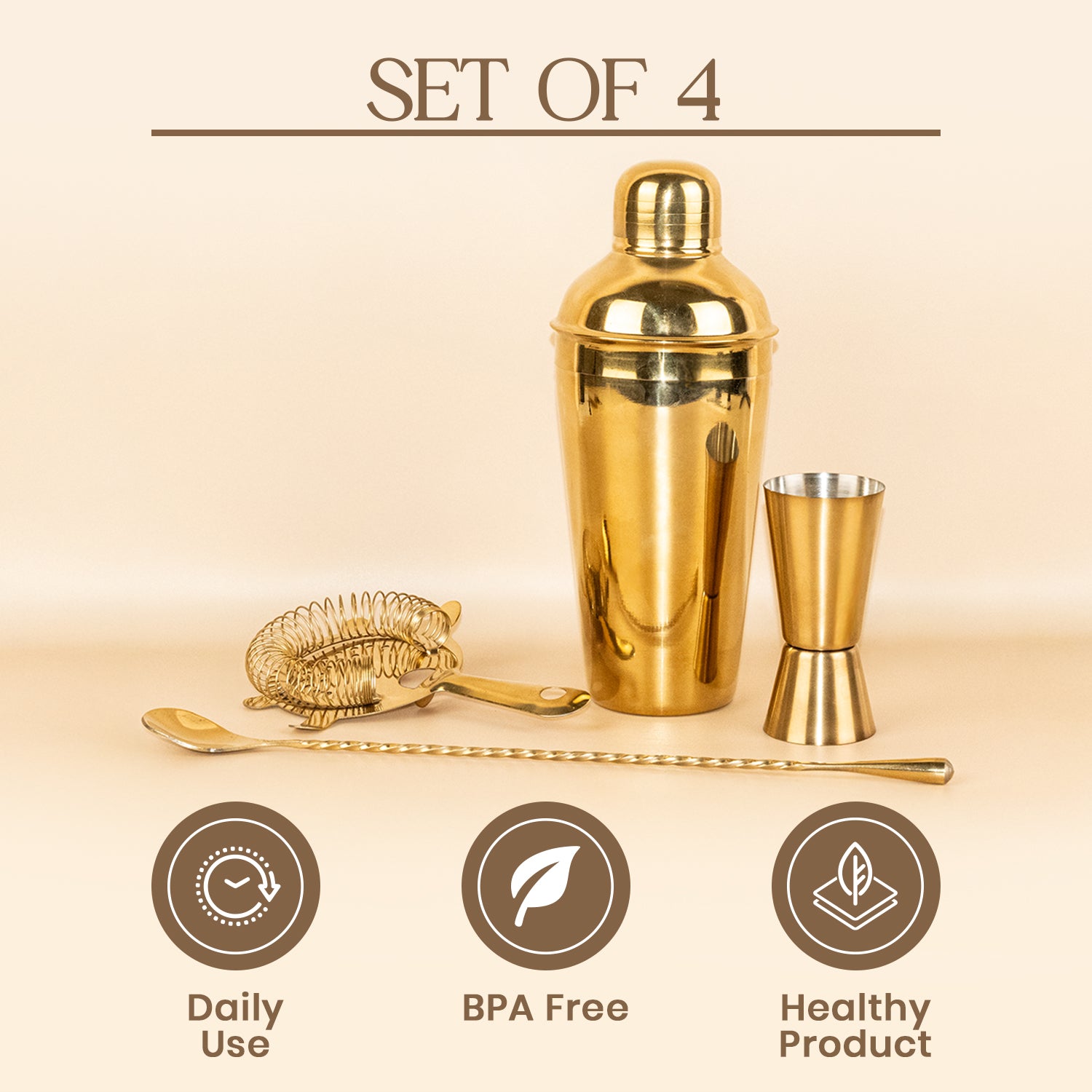 Premium 4-Piece Gold Cocktail Shaker Set - Includes Shaker, Measurer, Prong Strainer, and Bar Spoon - Professional Bar Tool Set for Home Mixology 3