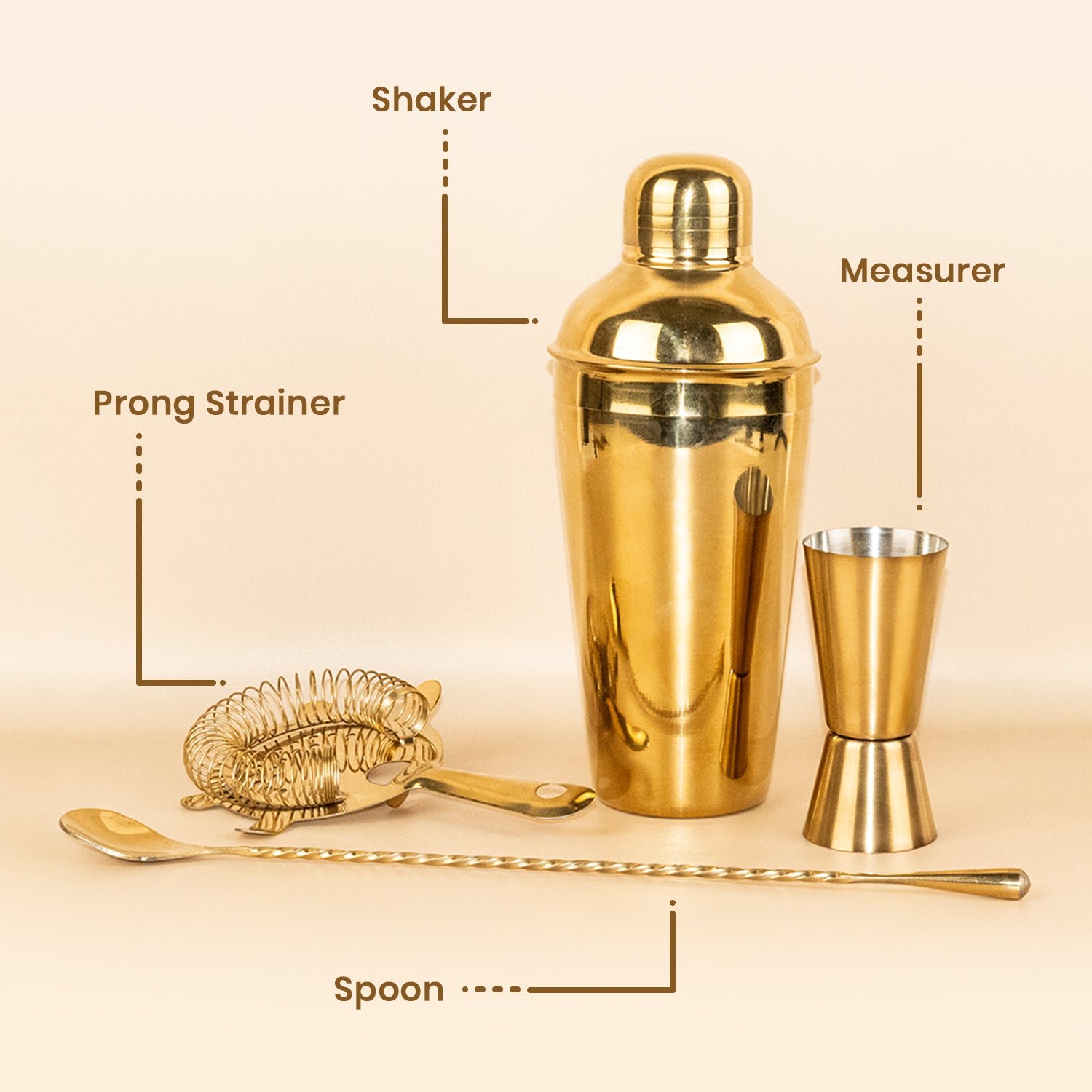 Premium 4-Piece Gold Cocktail Shaker Set - Includes Shaker, Measurer, Prong Strainer, and Bar Spoon - Professional Bar Tool Set for Home Mixology 4