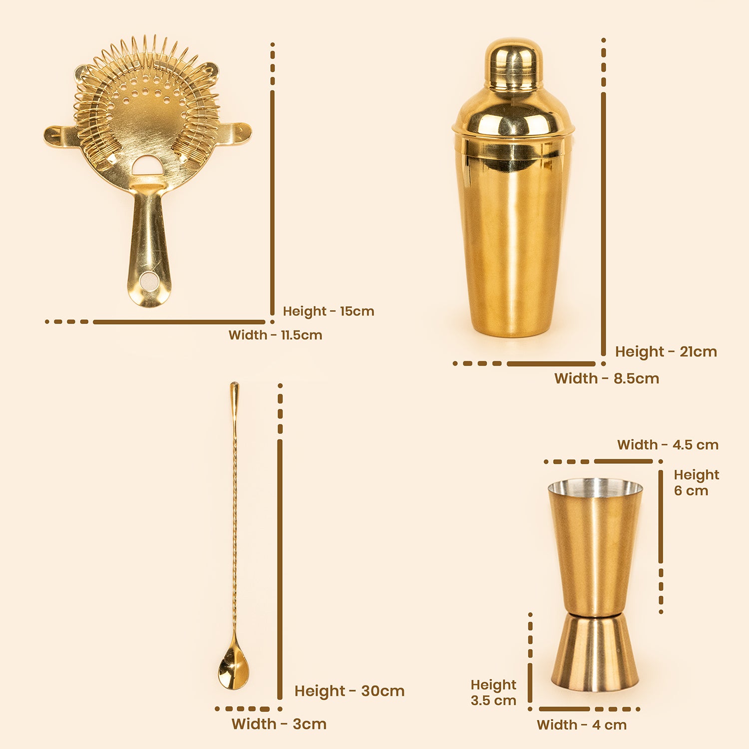 Premium 4-Piece Gold Cocktail Shaker Set - Includes Shaker, Measurer, Prong Strainer, and Bar Spoon - Professional Bar Tool Set for Home Mixology 5