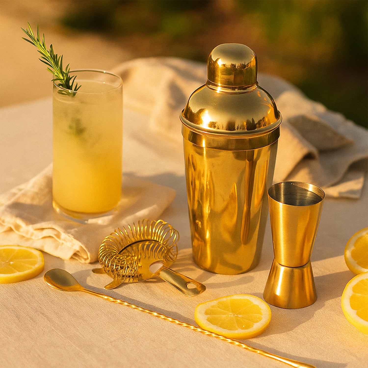Premium 4-Piece Gold Cocktail Shaker Set - Includes Shaker, Measurer, Prong Strainer, and Bar Spoon - Professional Bar Tool Set for Home Mixology 1