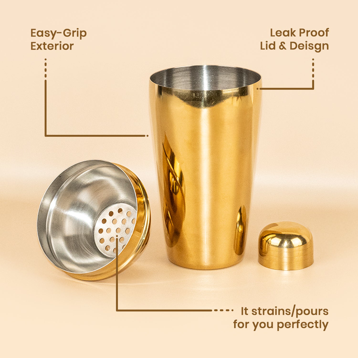 Elegant 500ml Gold Stainless Steel Cocktail Shaker – Classic Cobbler Shaker for Professional & Home Bar