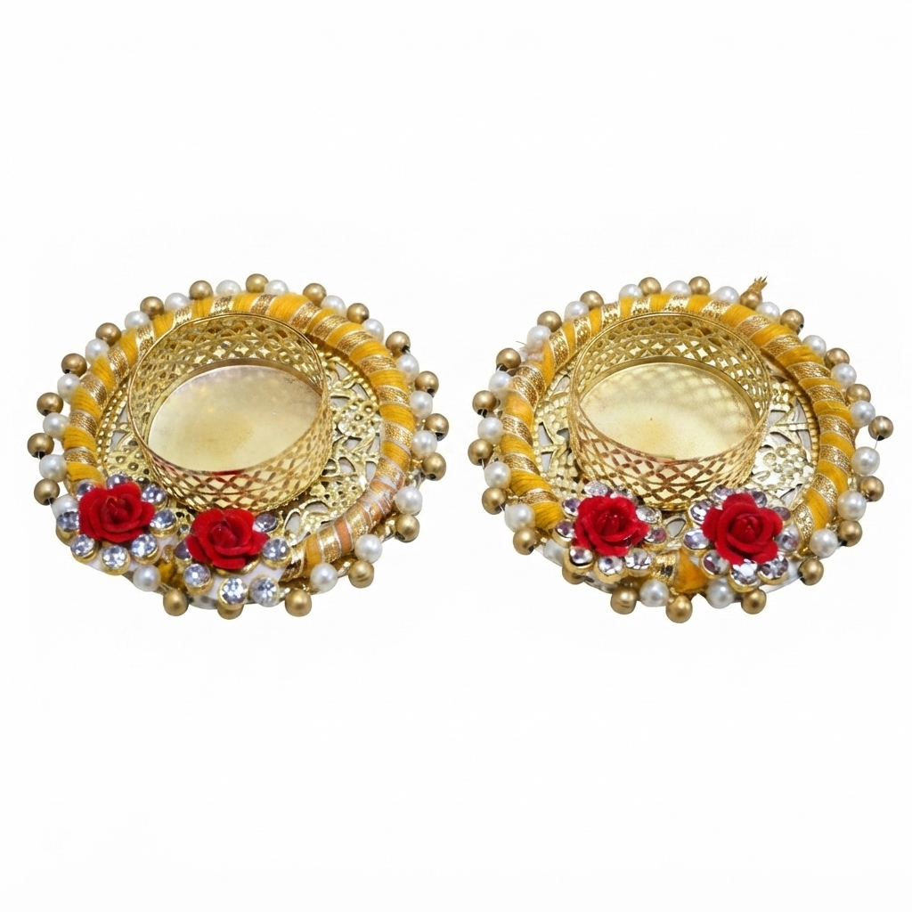 Decorative Tealight Candle Holders - Set of 2, Yellow Thread & Gold Metal Design with Red Roses, Handcrafted Diya for Diwali Decoration, Pooja Mandir, Table Centerpiece