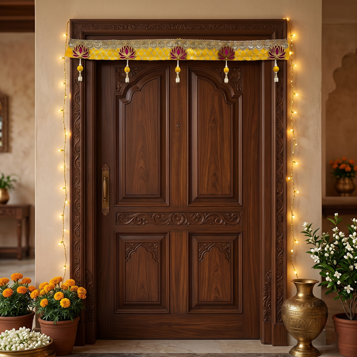 Handmade Decorative Lotus Door Toran - 100 cm Traditional Yellow & Gold Bandhanwar with Pearl Accents for Main Entrance, Pooja Room, and Festive Home Decor