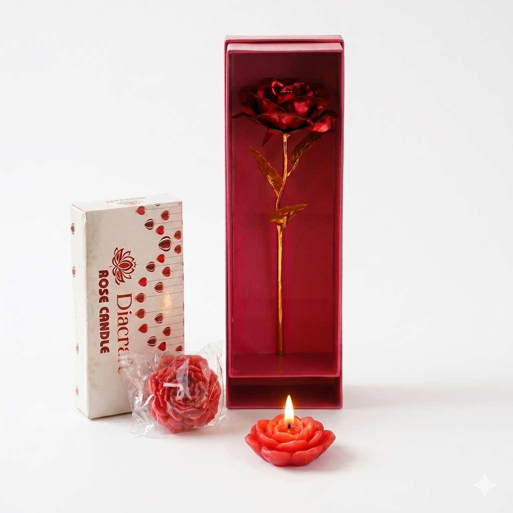 Red Rose Gift Set - Artificial Gold-Plated Metallic Rose with 2 Rose Scented Candles, Women, Wife, Girlfriend - Valentine's Day, Anniversary, Mother's Day, Birthday Decor