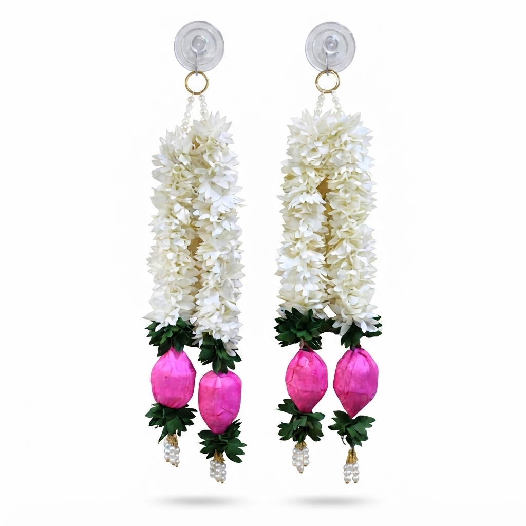 Artificial Jasmine & Pink Lotus Bud Hanging Garlands, 40cm Decorative Toran for Main Door, Wall, Pooja Mandir, Wedding & Festive Home Decor Items (Pack of 4)
