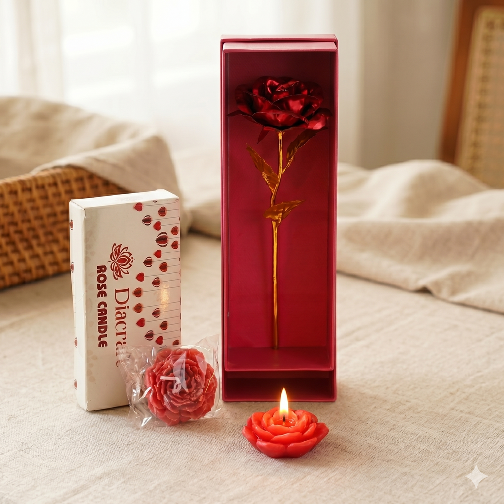 Red Rose Gift Set - Artificial Gold-Plated Metallic Rose with 2 Rose Scented Candles, Women, Wife, Girlfriend - Valentine's Day, Anniversary, Mother's Day, Birthday Decor