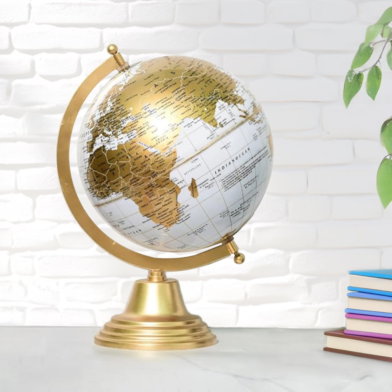 Vintage Gold Globe with White Brick and Plant for Office Home Decor, World Map for Kids Learning