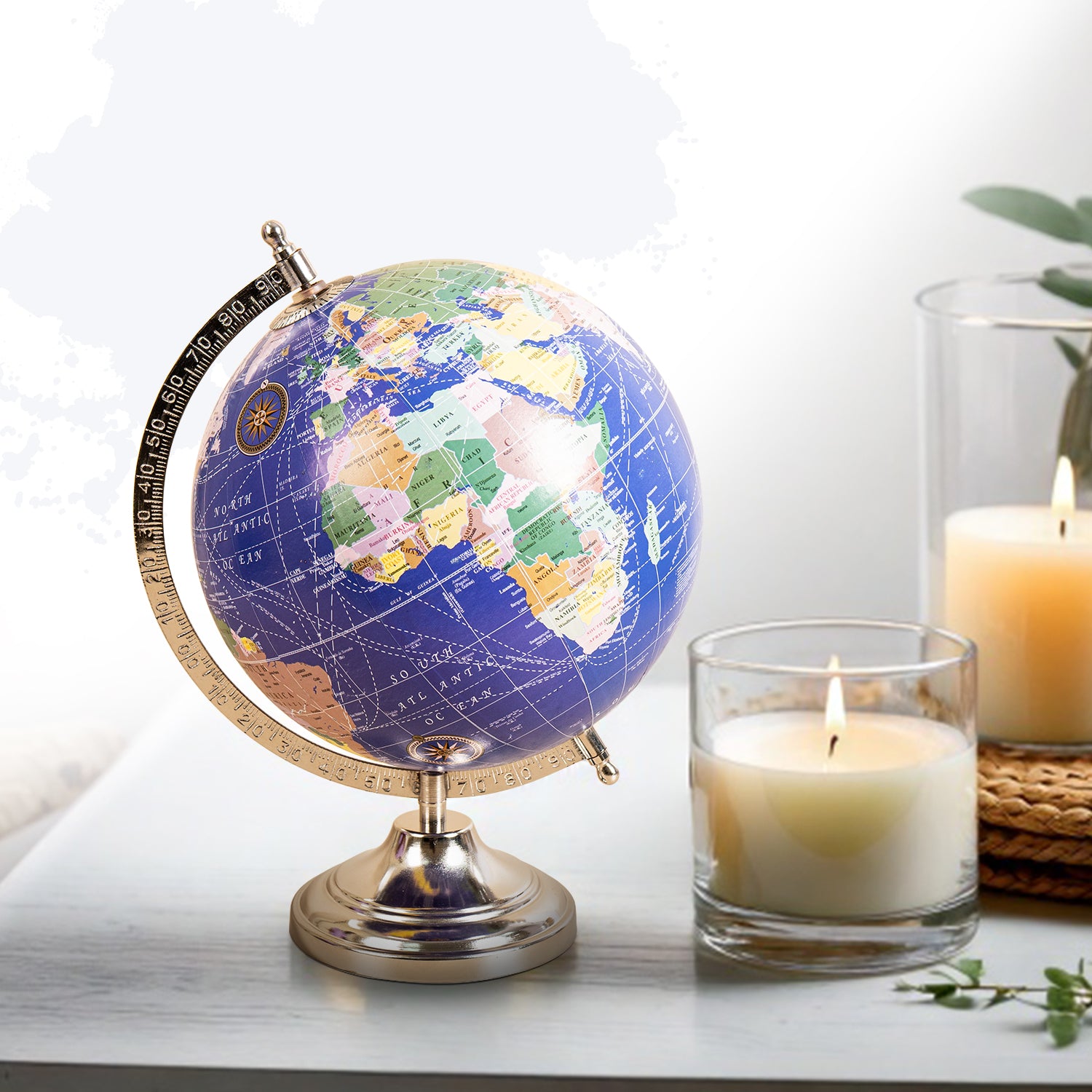Decorative 8-inch Blue World Globe with Polished Gold Stand - Vintage Style Desktop Map for Home & Office Decor 1