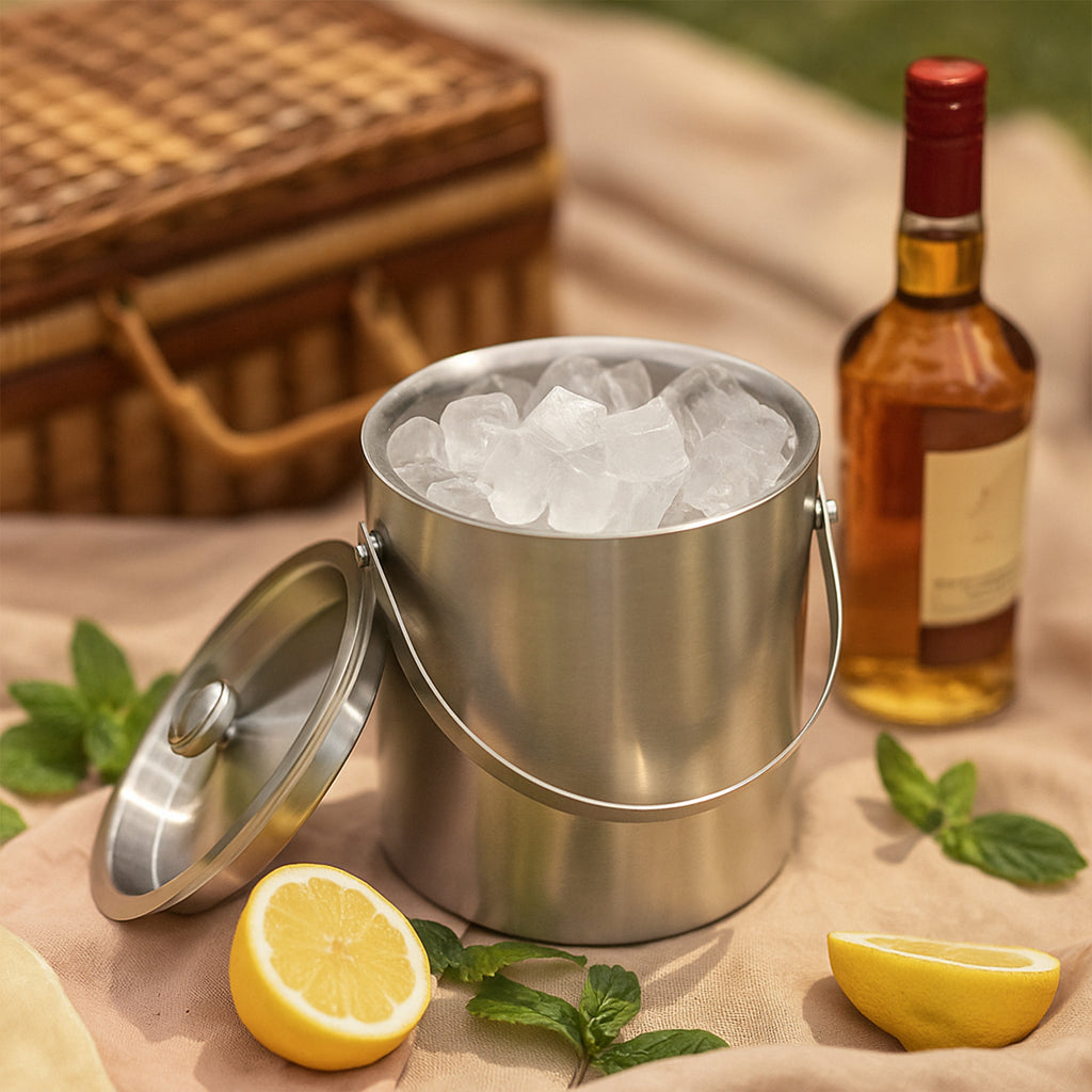 Premium 304 Stainless Steel Ice Bucket with Sealed Lid - 19.5cm Portable Drink Chiller with Easy-Carry Handle - Heavy Duty Rust-Proof Ice Container for Home Bar, Parties, and Gifting - BPA Free