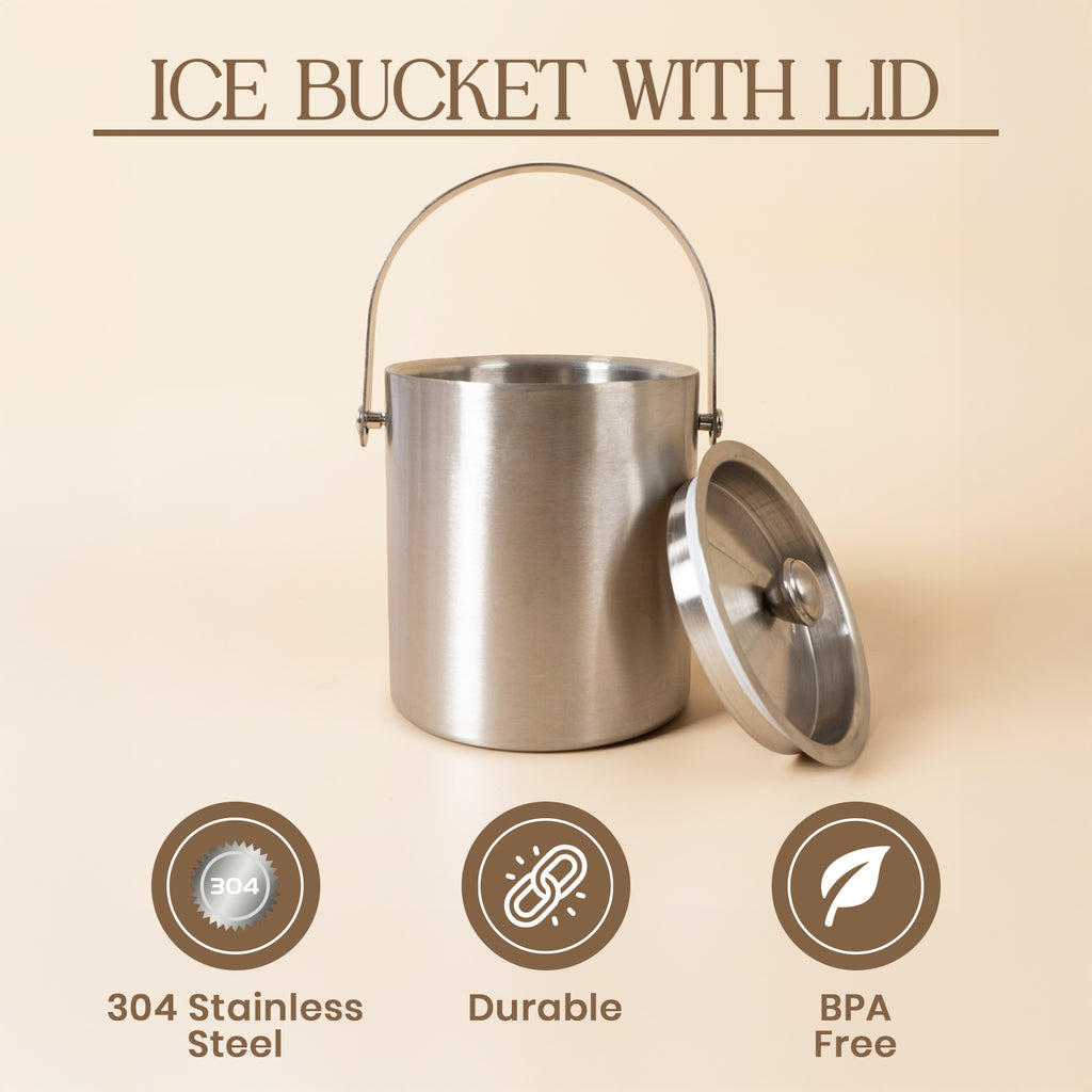 Premium 304 Stainless Steel Ice Bucket with Sealed Lid - 19.5cm Portable Drink Chiller with Easy-Carry Handle - Heavy Duty Rust-Proof Ice Container for Home Bar, Parties, and Gifting - BPA Free