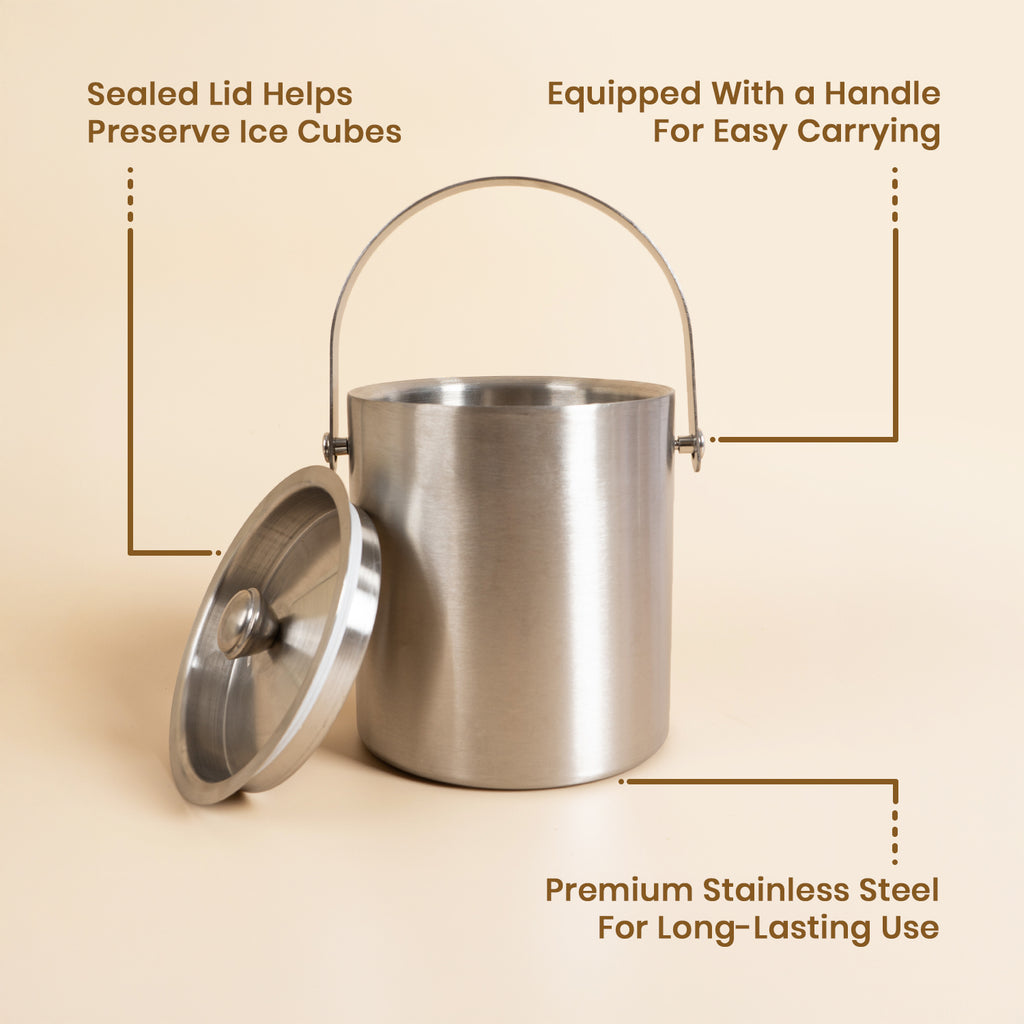Premium 304 Stainless Steel Ice Bucket with Sealed Lid - 19.5cm Portable Drink Chiller with Easy-Carry Handle - Heavy Duty Rust-Proof Ice Container for Home Bar, Parties, and Gifting - BPA Free