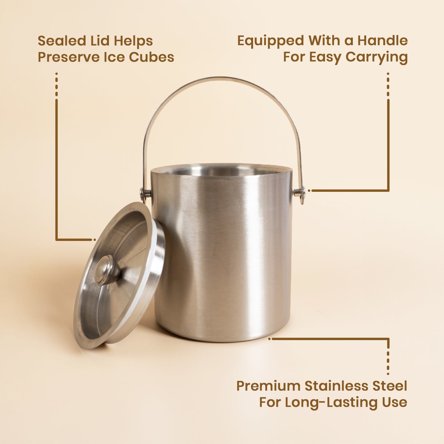 Premium 304 Stainless Steel Ice Bucket with Sealed Lid - 19.5cm Portable Drink Chiller with Easy-Carry Handle - Heavy Duty Rust-Proof Ice Container for Home Bar, Parties, and Gifting - BPA Free
