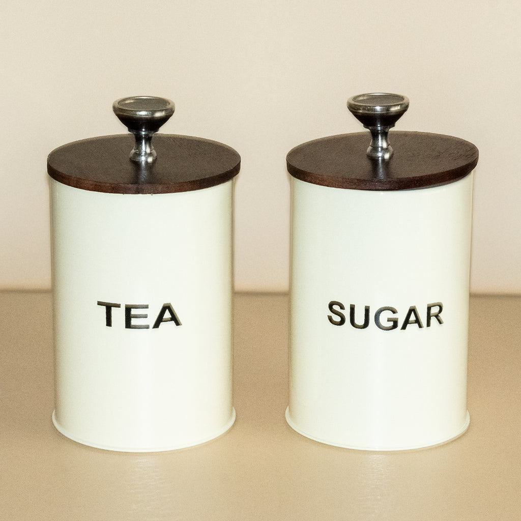 Tea Suger Jar Container With Air Tight Wood Lid Set of 2 For Kitchen (White) 3