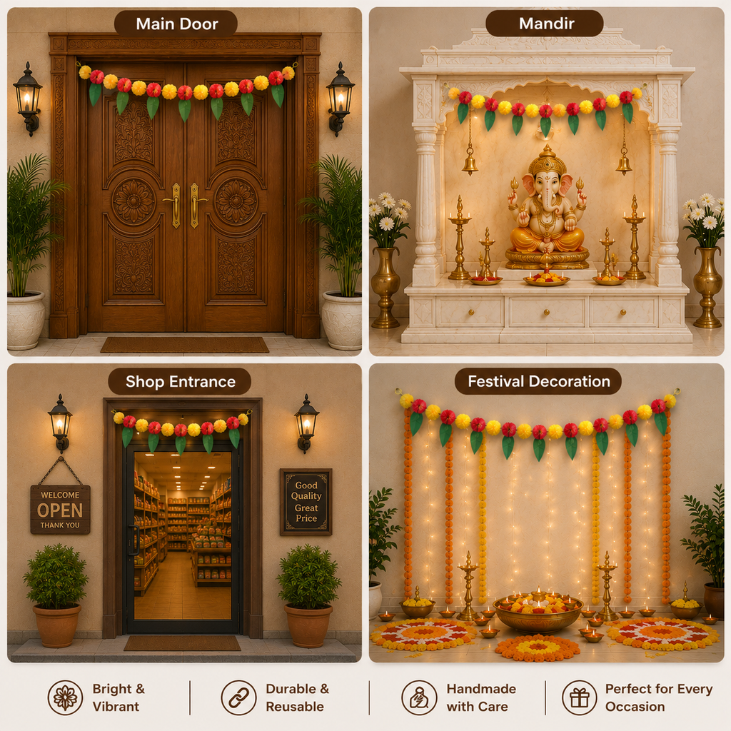 Artificial Marigold and Leaf Toran for Door Decoration - 90 cm Festive Garland Hanging for Home Entrance, Diwali, Wedding, and Wall Backdrop Decor (Pack of 1, Red & Yellow)