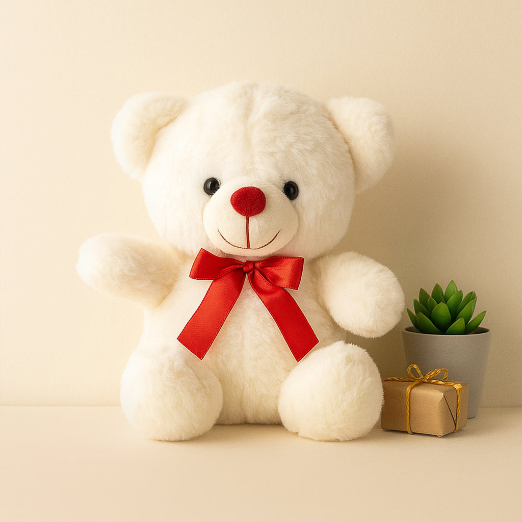 White Teddy Bear with Red Bow – Set of 1