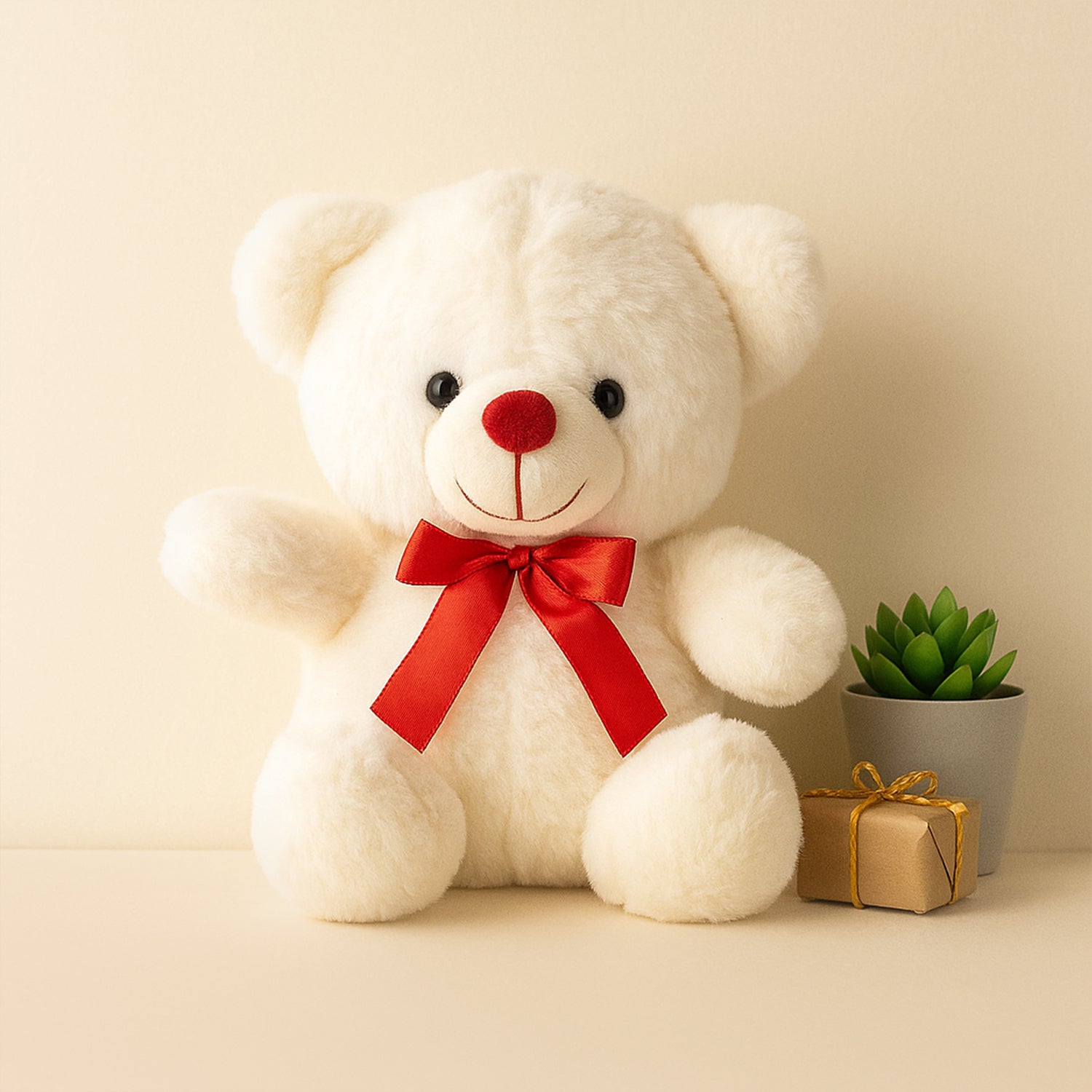 White Teddy Bear with Red Bow – Set of 1