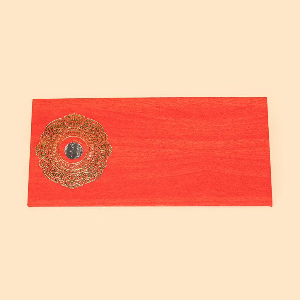 Premium Red Textured Shagun Envelope with Golden Mandala & Real 1 Rupee Coin - Traditional Money Gift Cover for Weddings, Rakhi, and Diwali (19 x 9 cm) 2