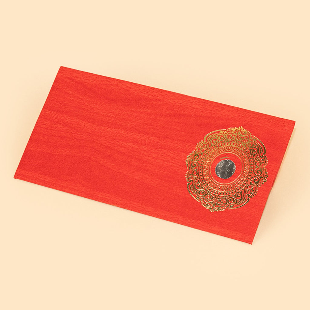 Premium Red Textured Shagun Envelope with Golden Mandala & Real 1 Rupee Coin - Traditional Money Gift Cover for Weddings, Rakhi, and Diwali (19 x 9 cm) 4