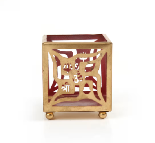 Gold Metal Swastika Tea Light Holder - Spiritual Votive Candle Stand 2