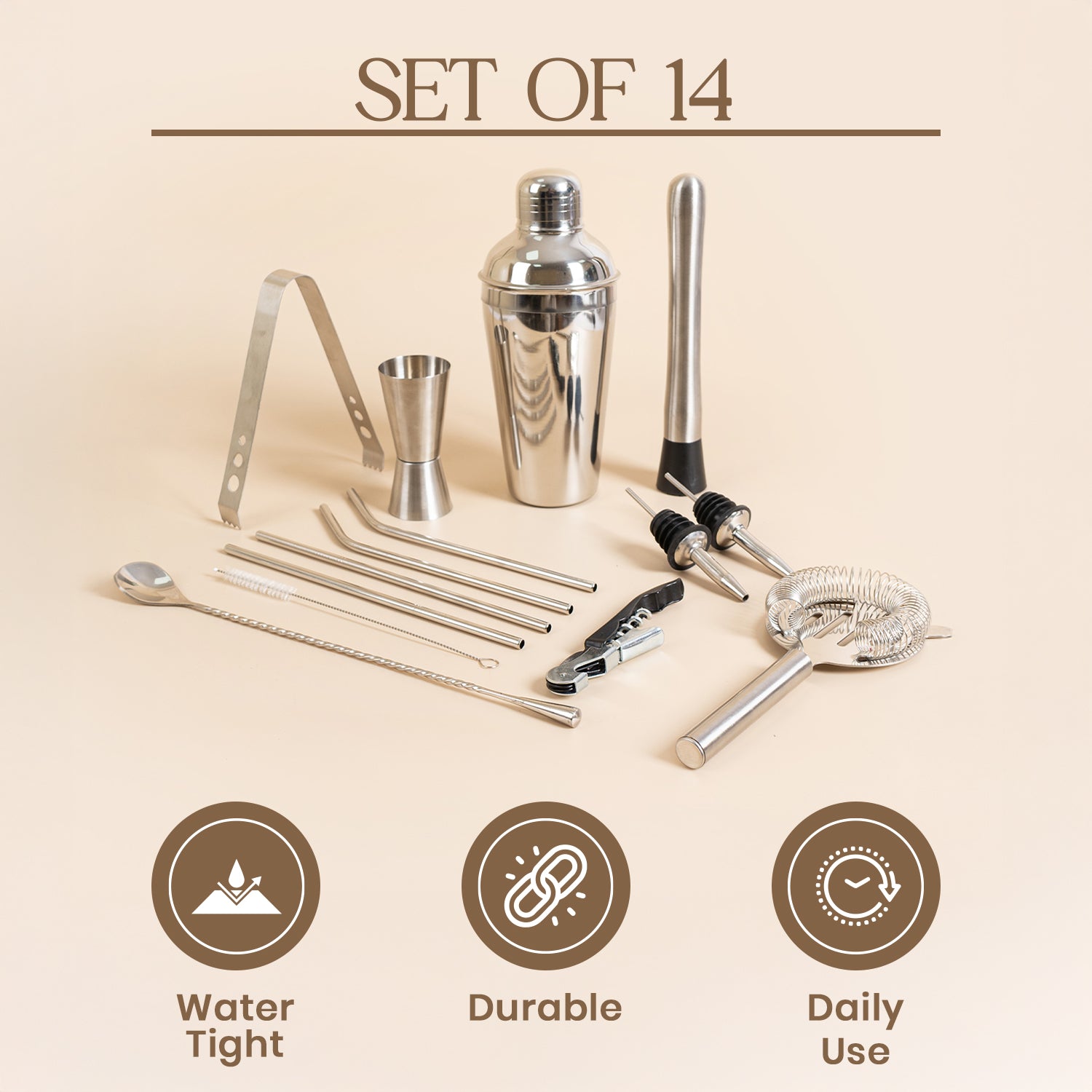 Set of 14-Piece Stainless Steel Bar Tool Set – Complete Cocktail Shaker Kit for Home Bar