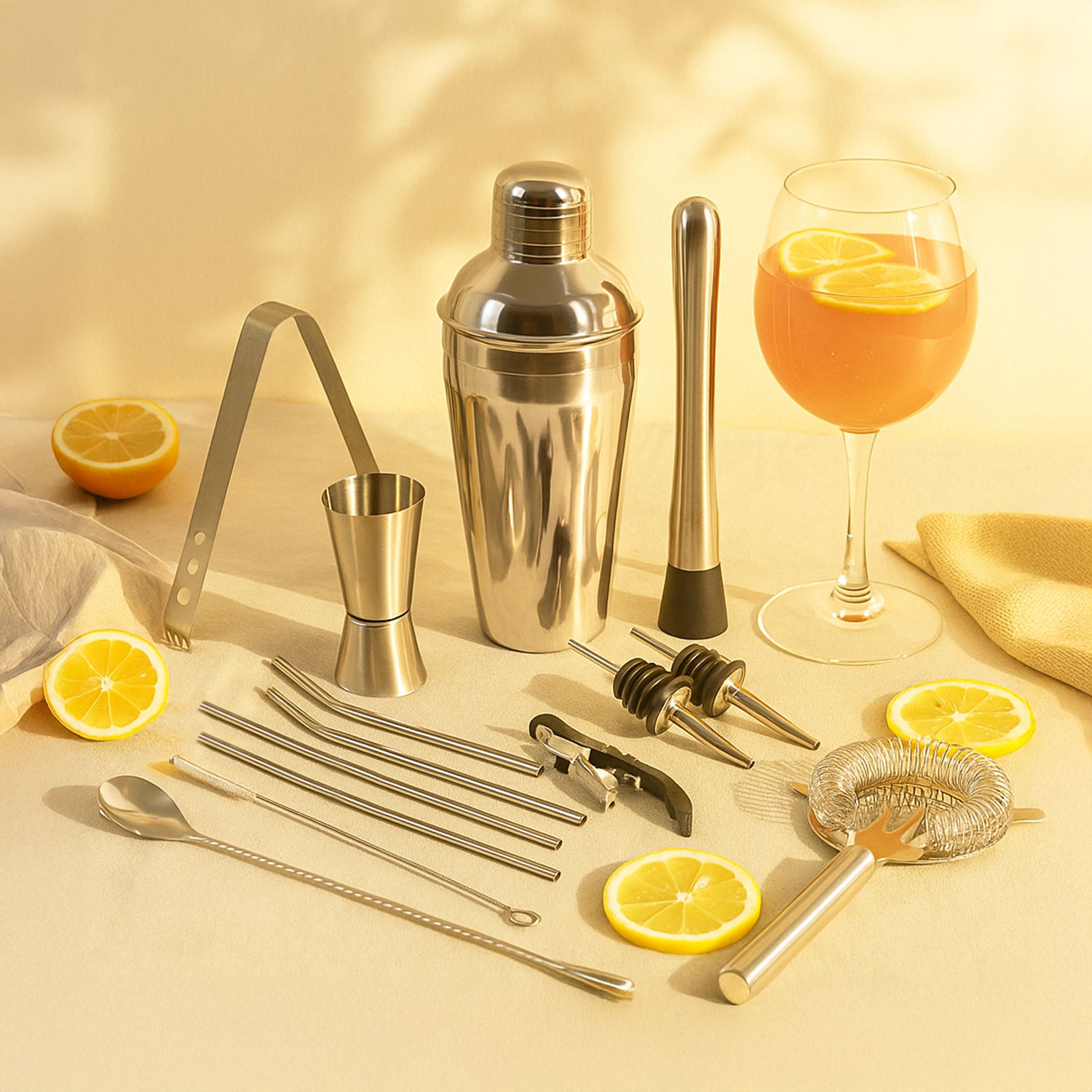 Set of 14-Piece Stainless Steel Bar Tool Set – Complete Cocktail Shaker Kit for Home Bar