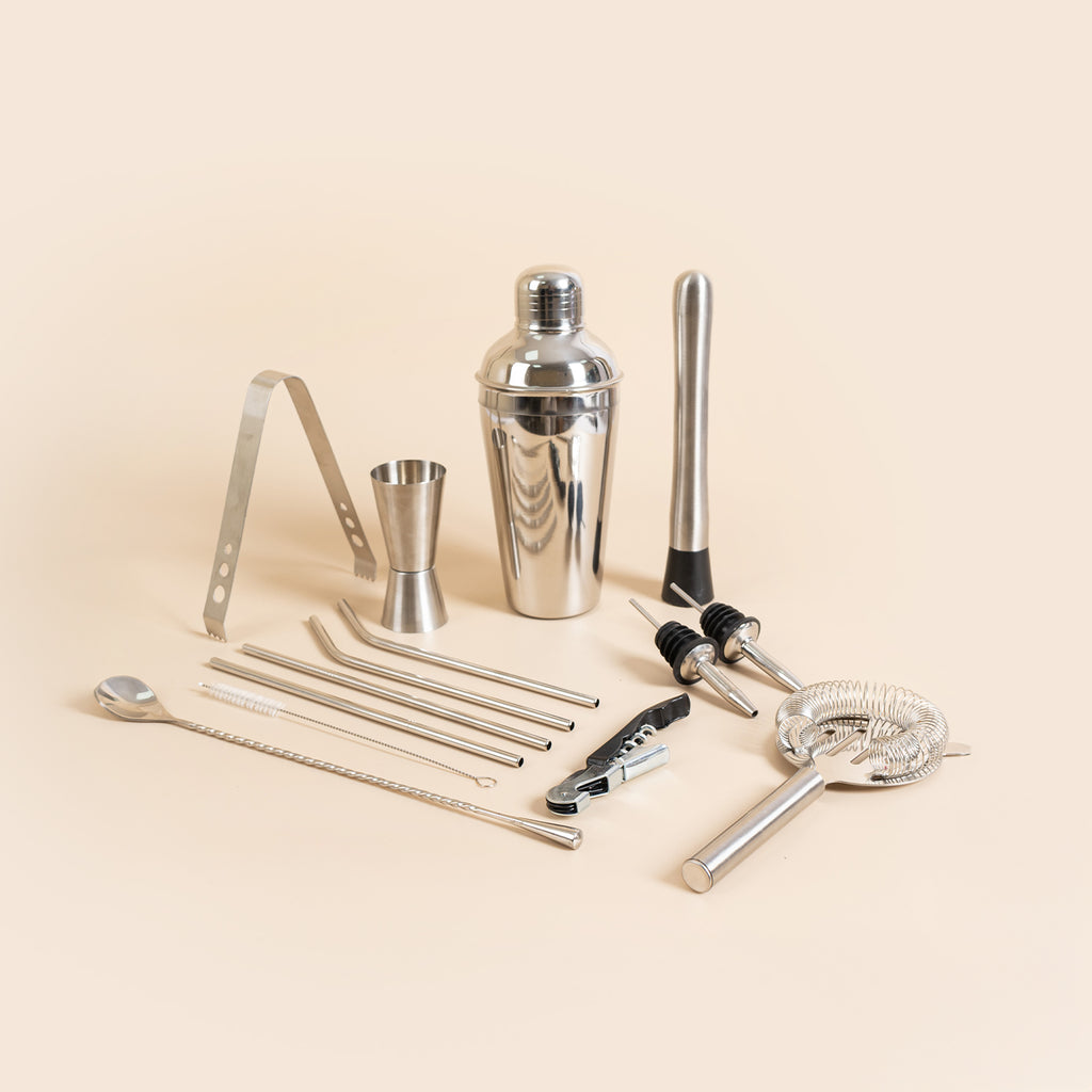 Set of 14-Piece Stainless Steel Bar Tool Set – Complete Cocktail Shaker Kit for Home Bar