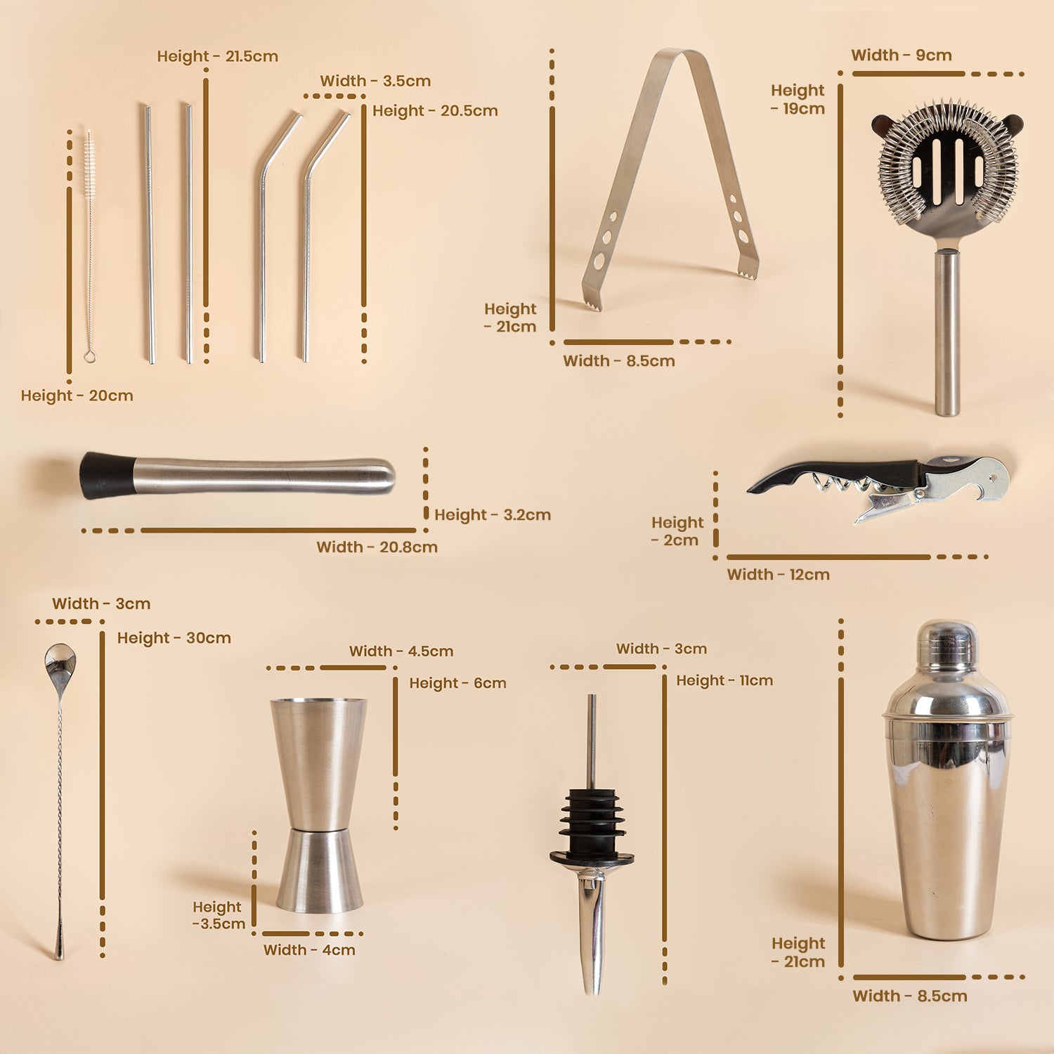 Set of 14-Piece Stainless Steel Bar Tool Set – Complete Cocktail Shaker Kit for Home Bar