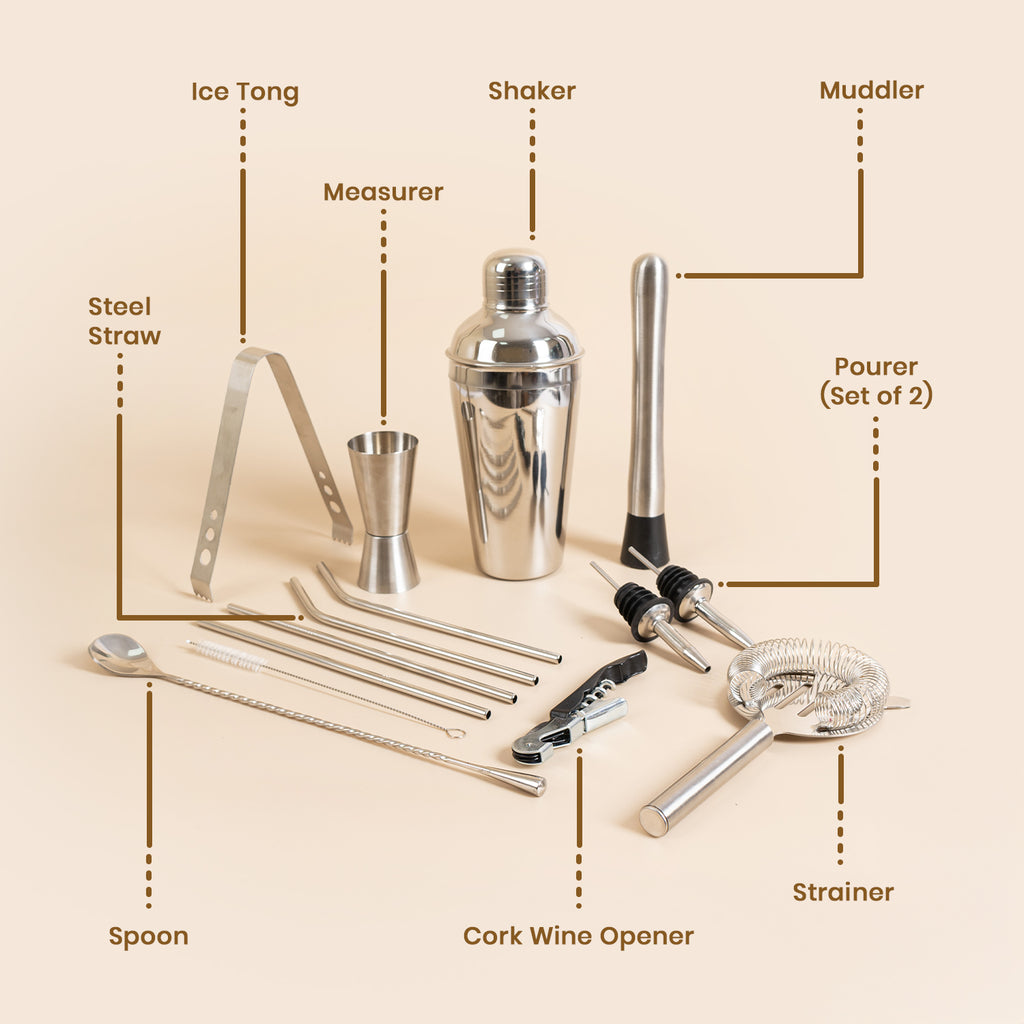 Set of 14-Piece Stainless Steel Bar Tool Set – Complete Cocktail Shaker Kit for Home Bar
